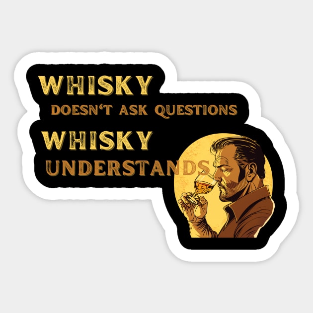 Whisky Doesn't Ask Questions Sticker by MaltyShirts